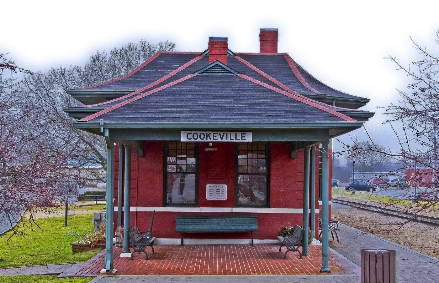 The restored Cookeville Depot, a red-brick railroad depot with a wide roof